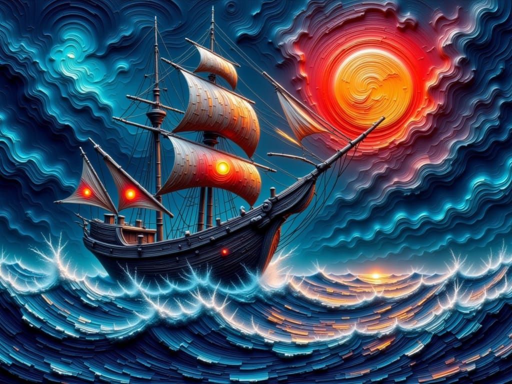 <lora:Impasto Masterpieces:1.0> Impasto painting of a Halloween ship at a stormy Sea with a blood moon