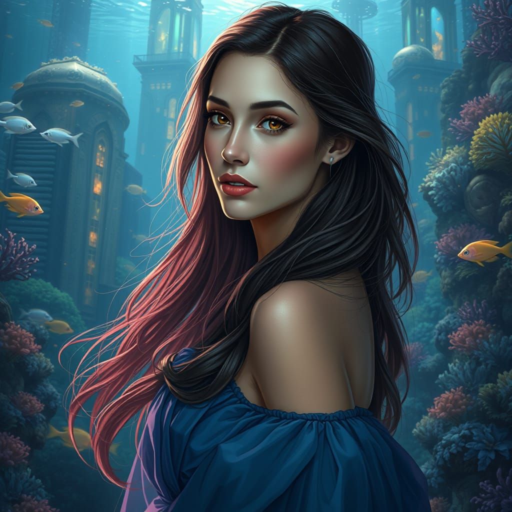 Underwater Brunette in Bioluminescent City: Hyperrealistic A...