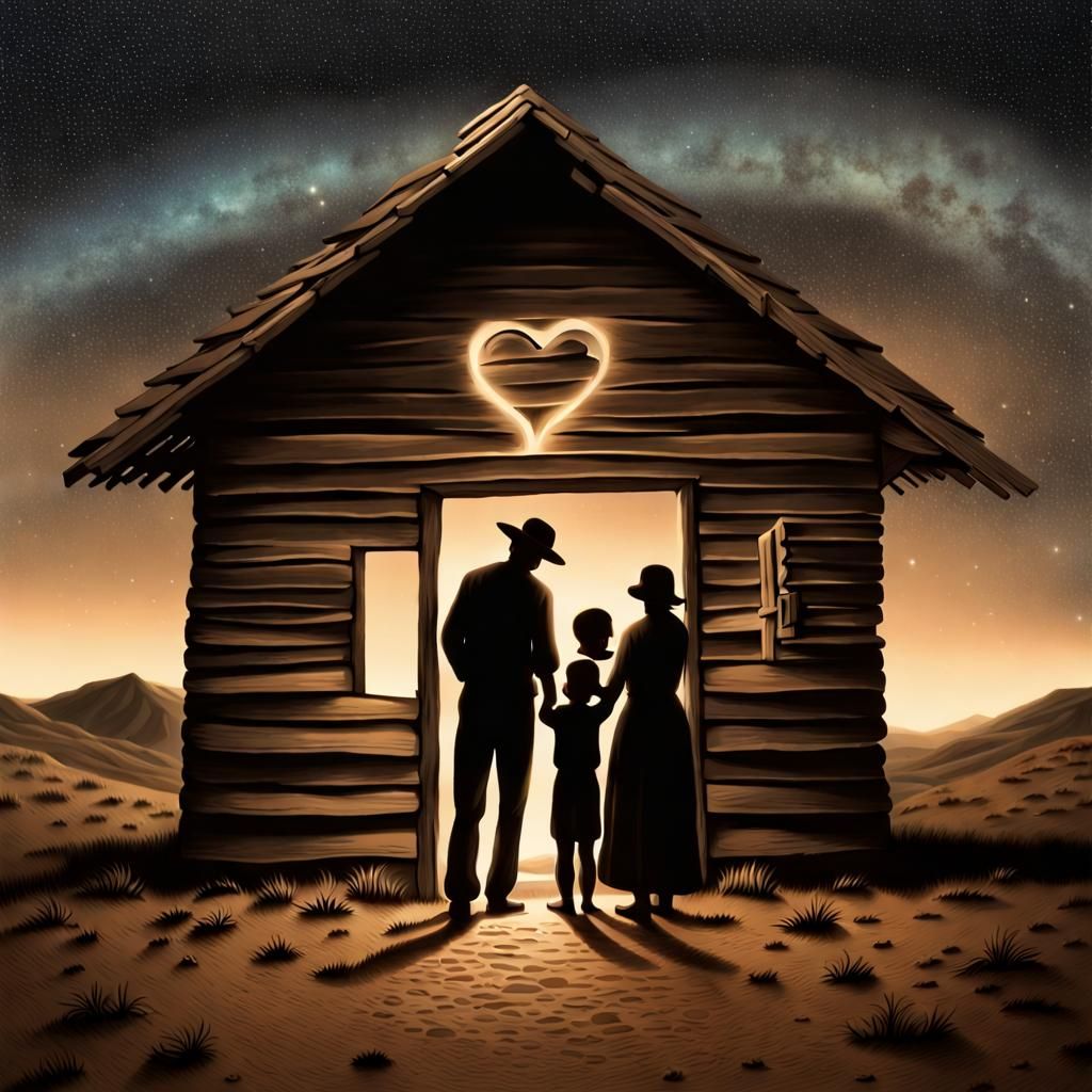 A family living in a deserted hut hugging on each other with...