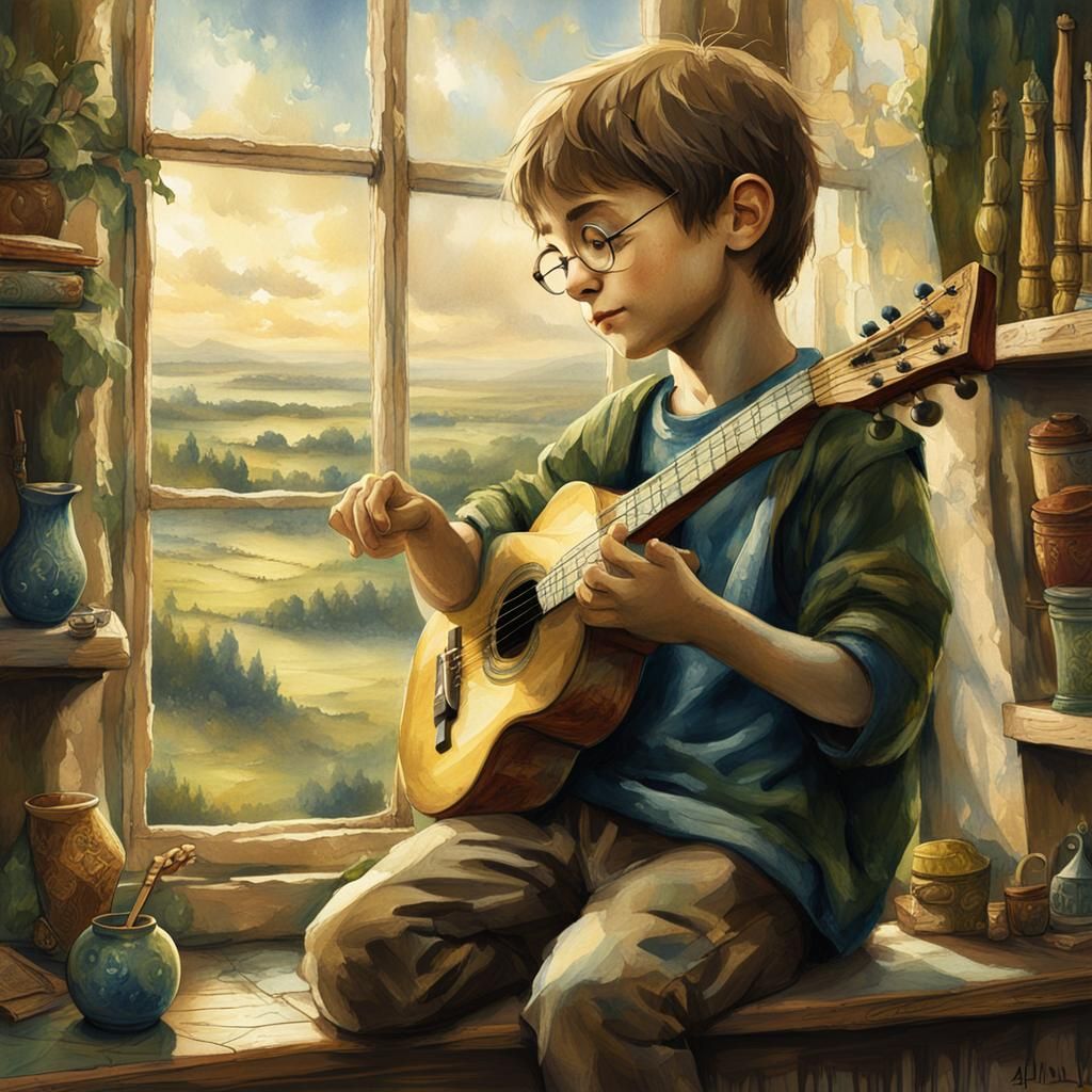 Harry Potter Plays Guitar in Pastoral Landscape