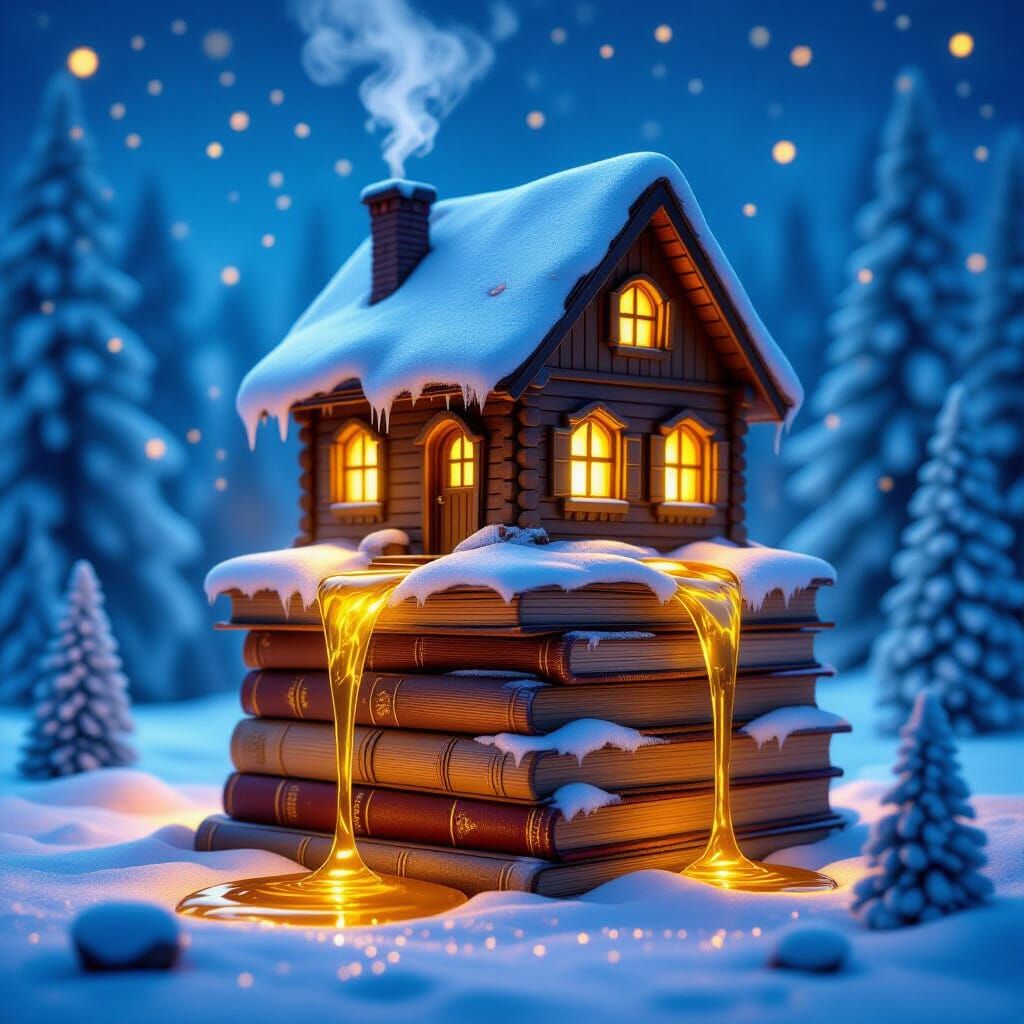 Cozy Wooden House on Books with Golden Honey