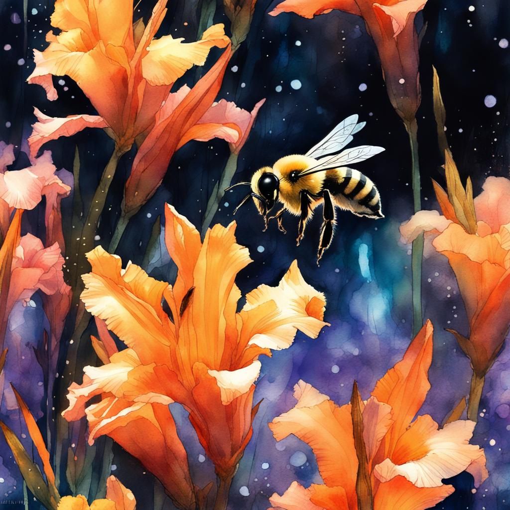 Little bee, gladiolus flowers