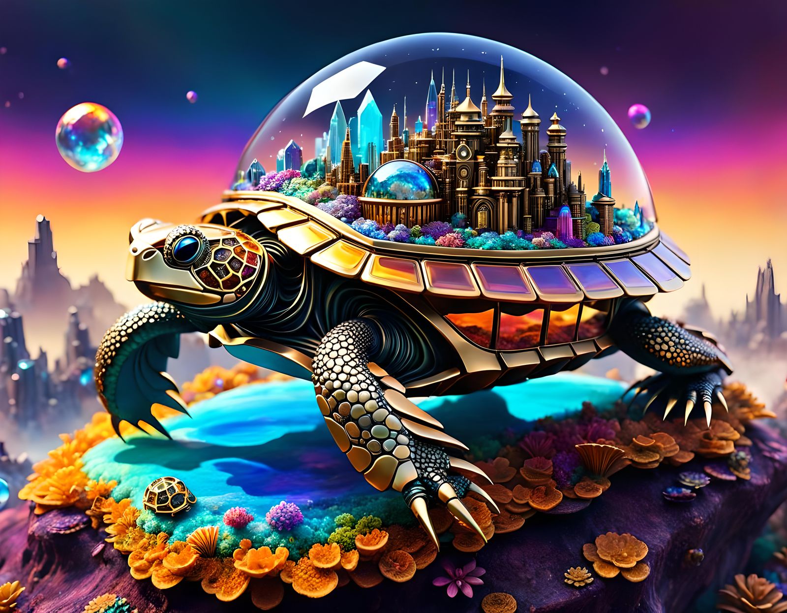 srystal world arcology sitting on top of a tortoise shell  by @tsahel