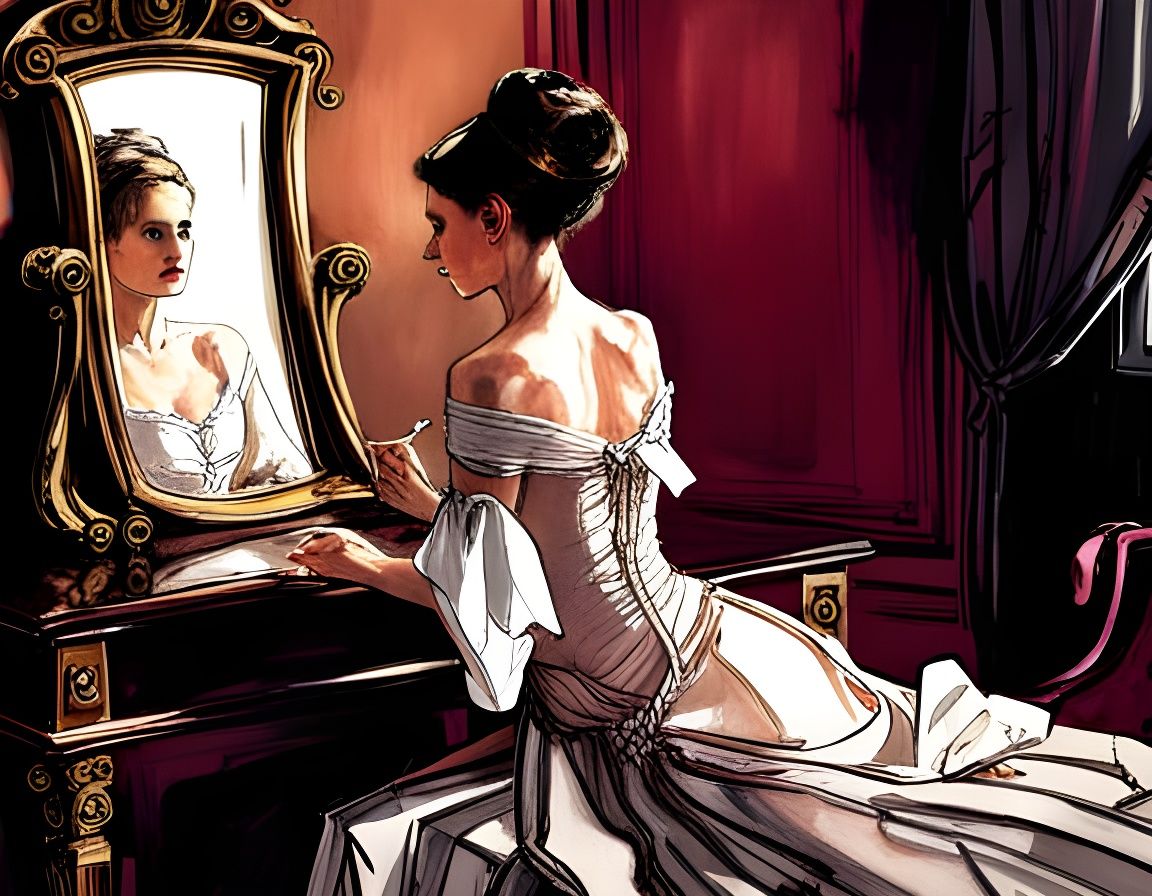 a portrait showing a woman in Victorian dress sitting in front of a mirror, in the style of olivia de ... false