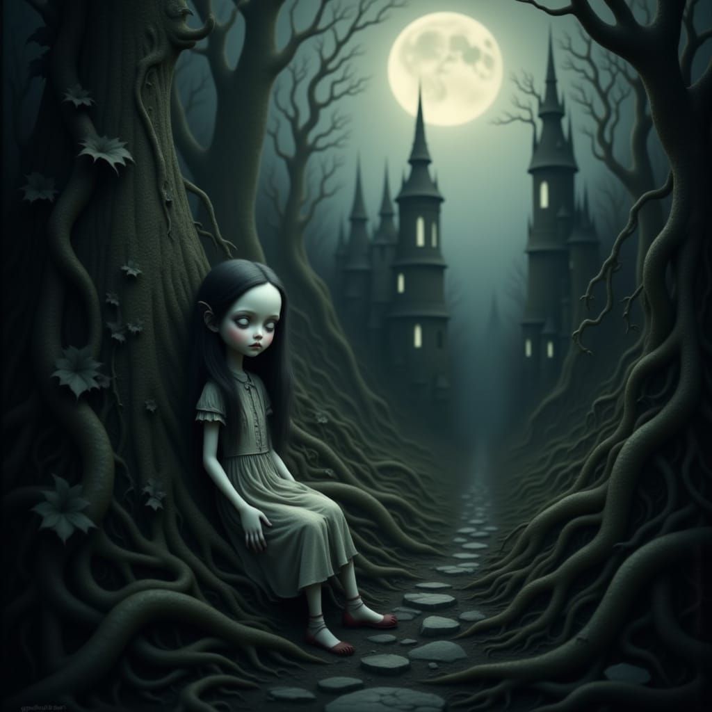Porcelain Doll in Moonlit Ruins, Dark Fantasy Concept Art