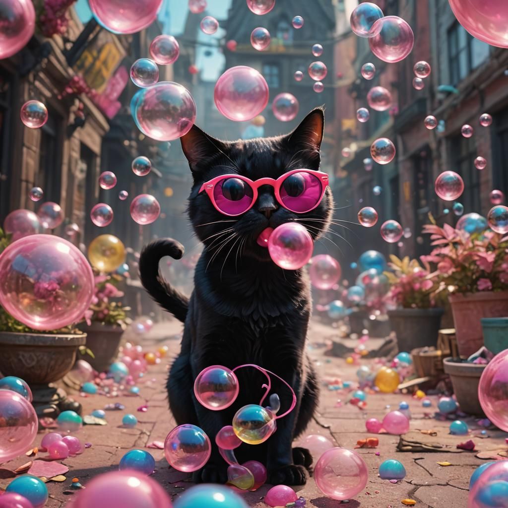 Black cat wearing sunglasses blowing a bubble gum bubble