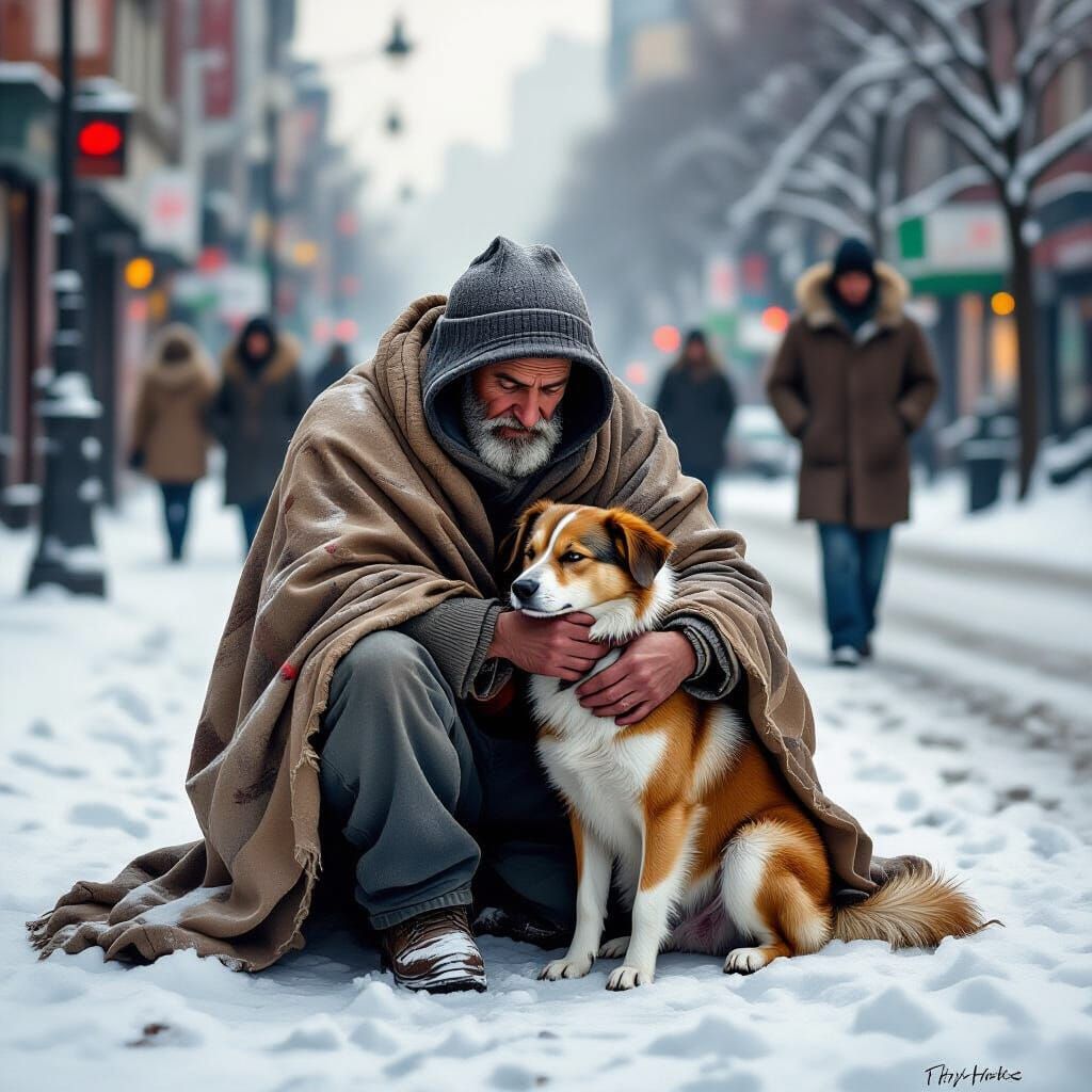 A homeless is covering a stray and injured dog with his dirty blanket, because it's winter and it's cold. Other people around don't care about them. 