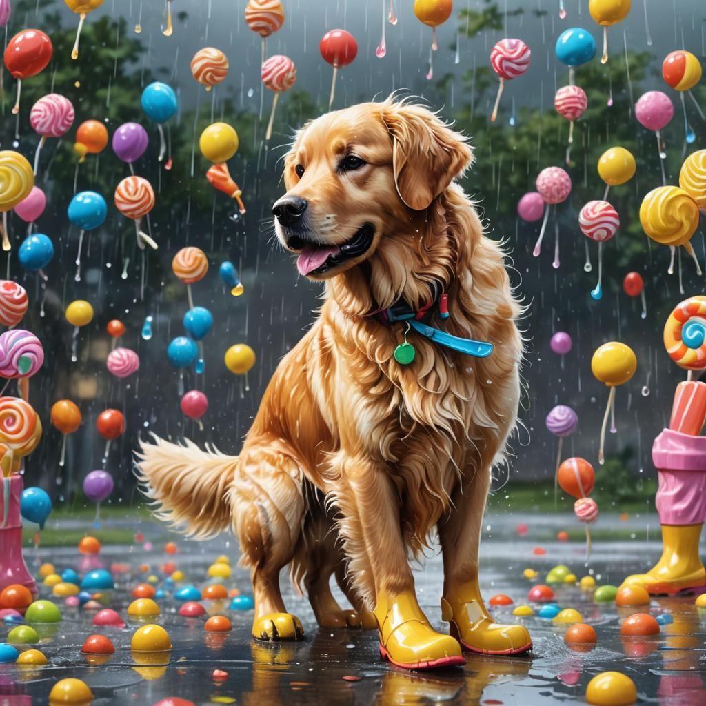 Golden Retriever with Rain Boots