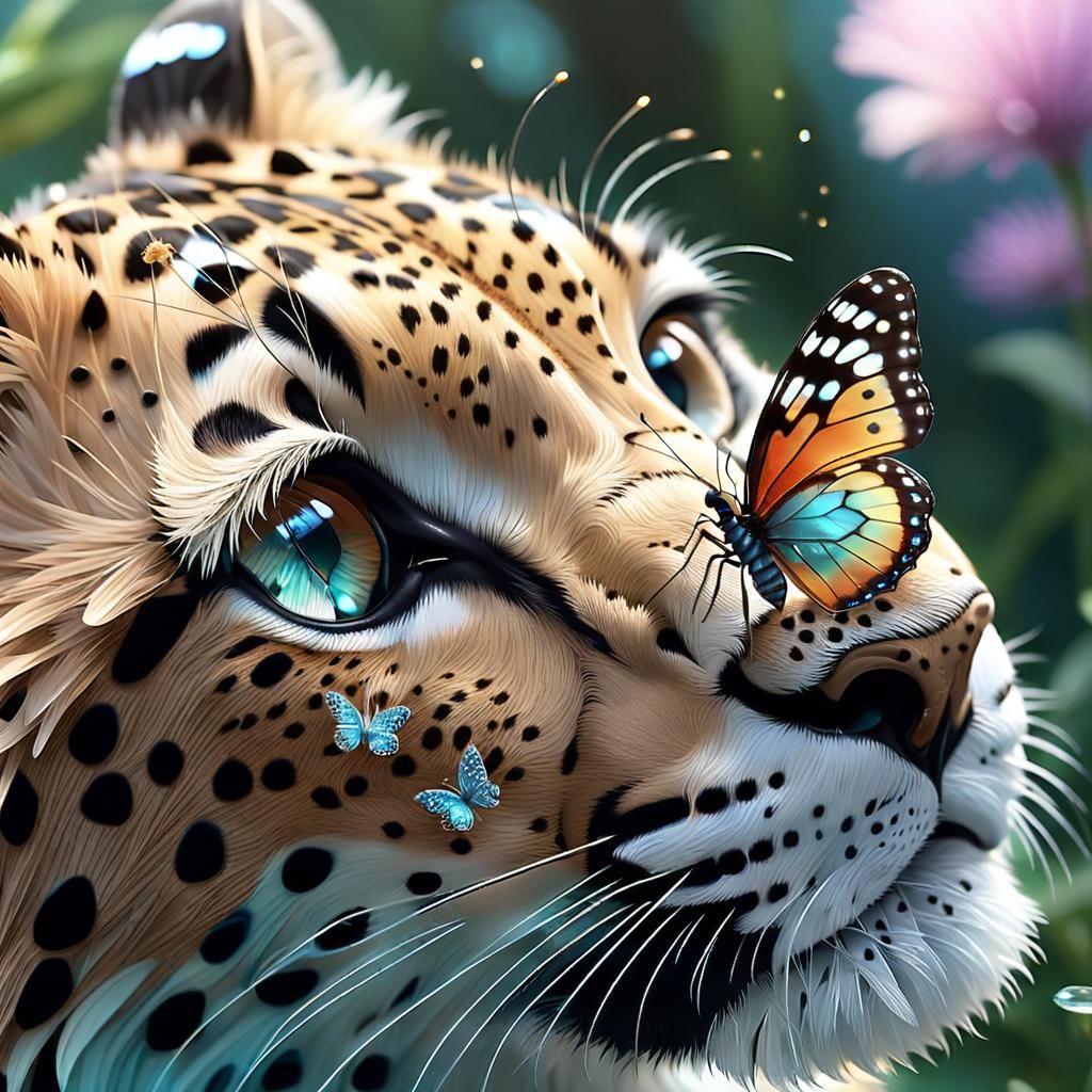 butterfly on the nose of a cheetah  by @Elly 