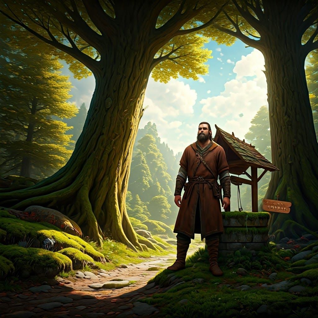 Mystical Forest Guardian Beside Ancient Well