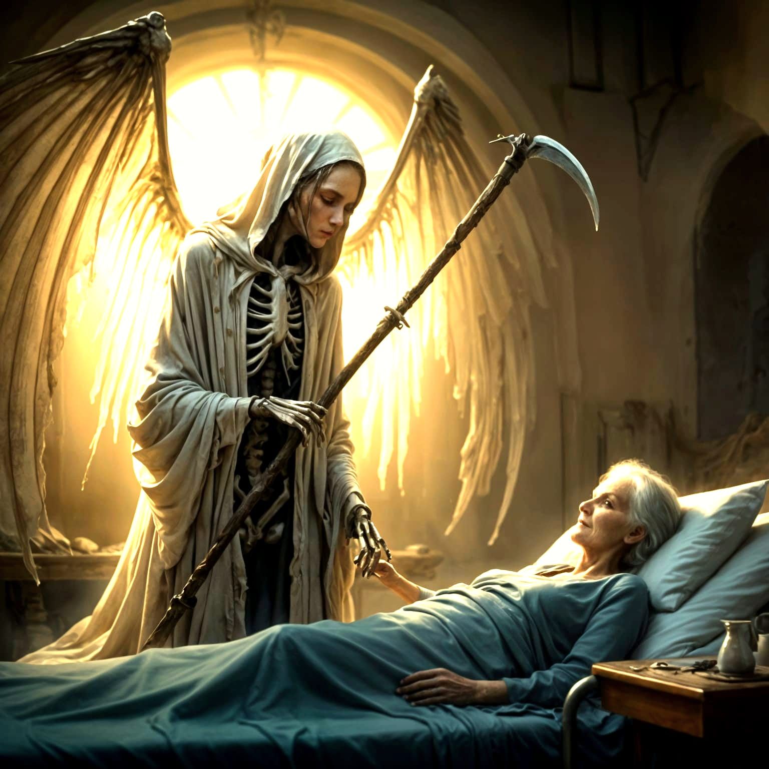 human representation of death as a skeleton with wing bones garbed in a ragged white silky cloak holding a scythe holdin...