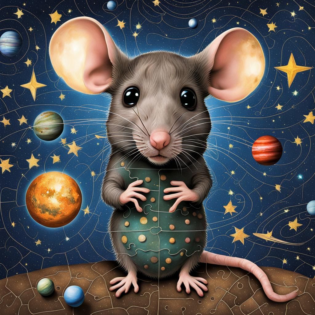 Photograph, puzzles of mouse, starry night sky with planets - AI ...