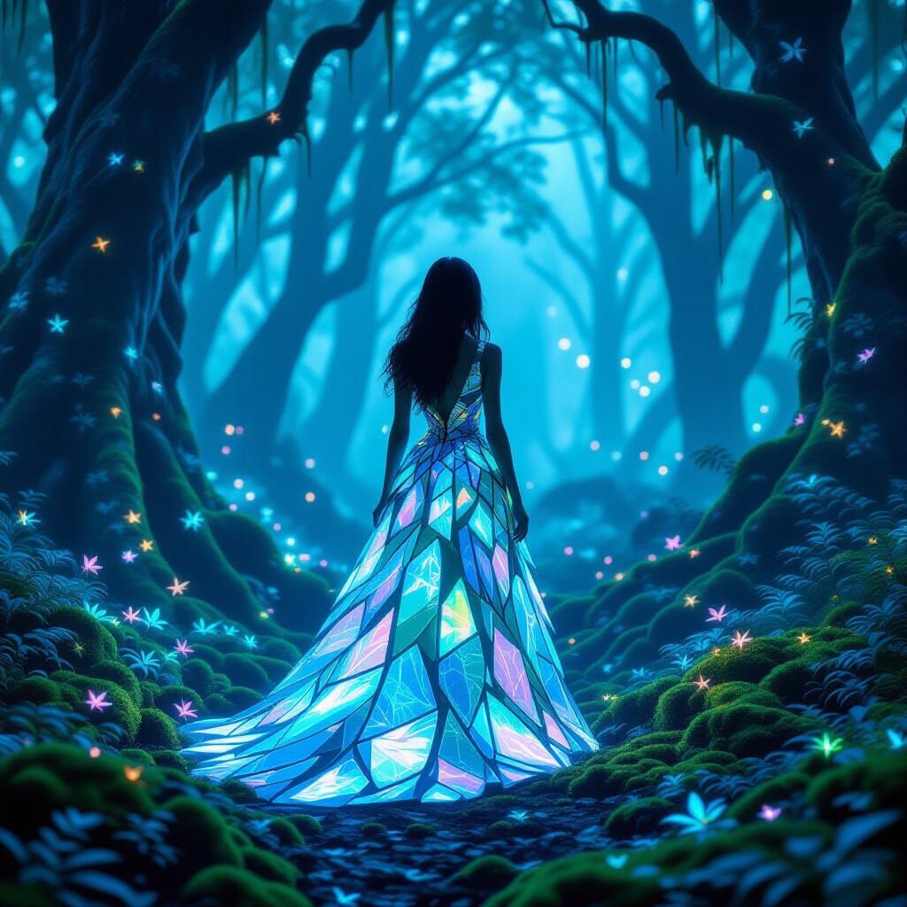 A lone woman stands at the edge of a bioluminescent forest, her form silhouetted against the glowing ...  by @nanalA