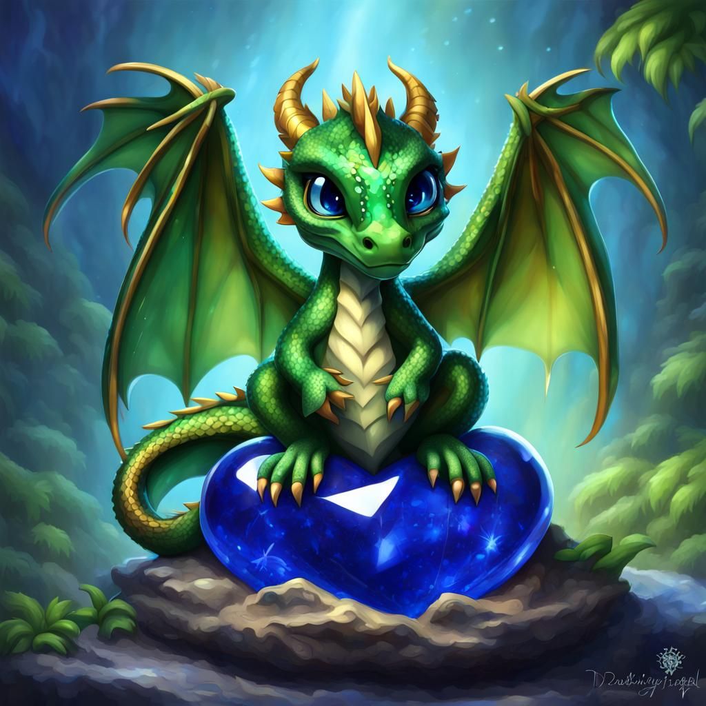 Chibi Baby green Dragon atop a big Lapis Lazuli jewel - AI Generated ...