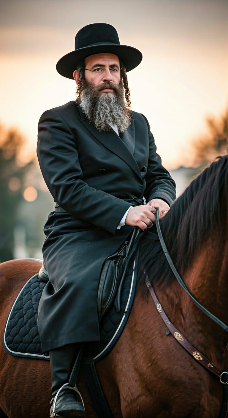 Elegant Hasidic Rider on a Majestic Horse in Traditional Att...