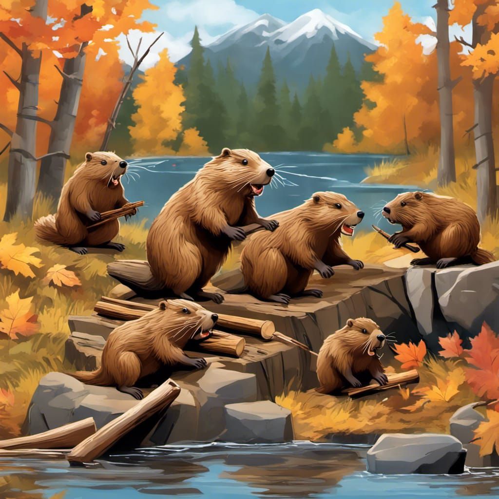 A realistic looking colony of beavers working as a team with each beaver having a part ...  by @Fredericco