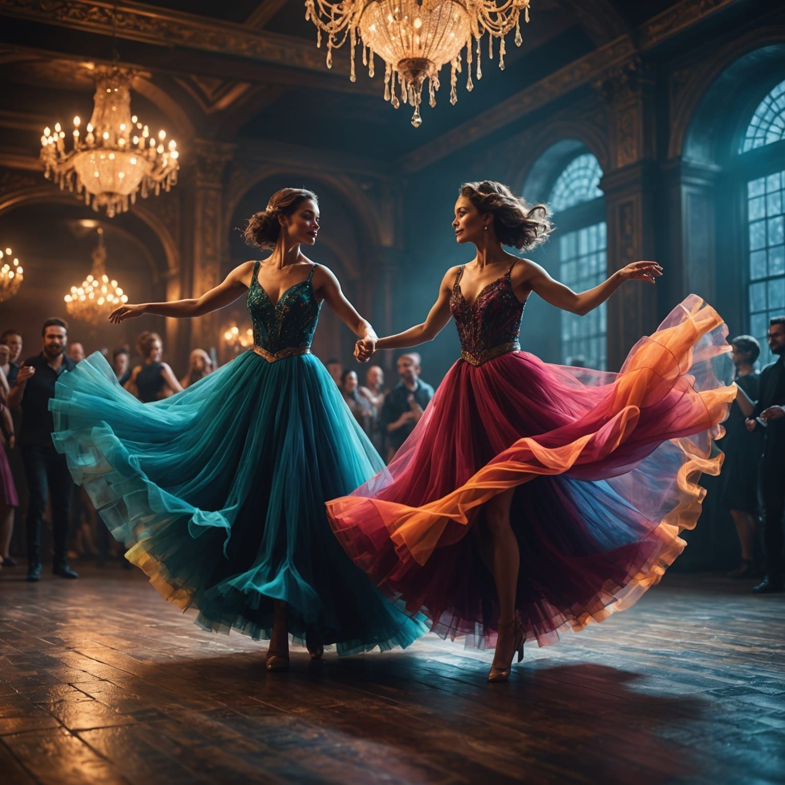 Two women dancing with brightly coloured Tulle cascading and...
