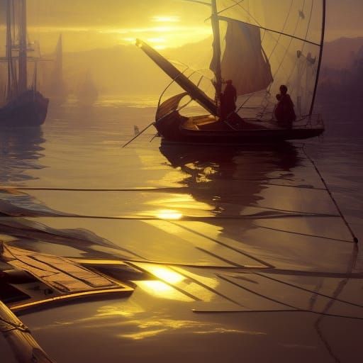 A boat with solar panels as sails ; classical oil painting ; 8k resolution concept art by Greg Rutkowski dynamic lightin…