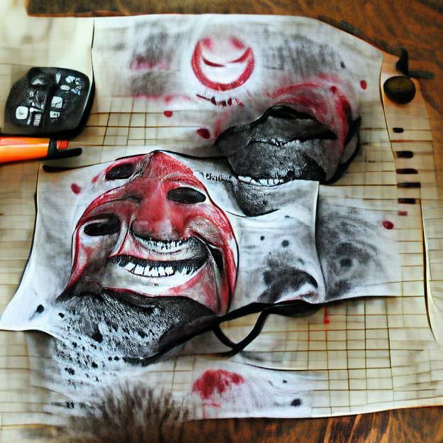 Smiling mask crying blood charcoal drawing