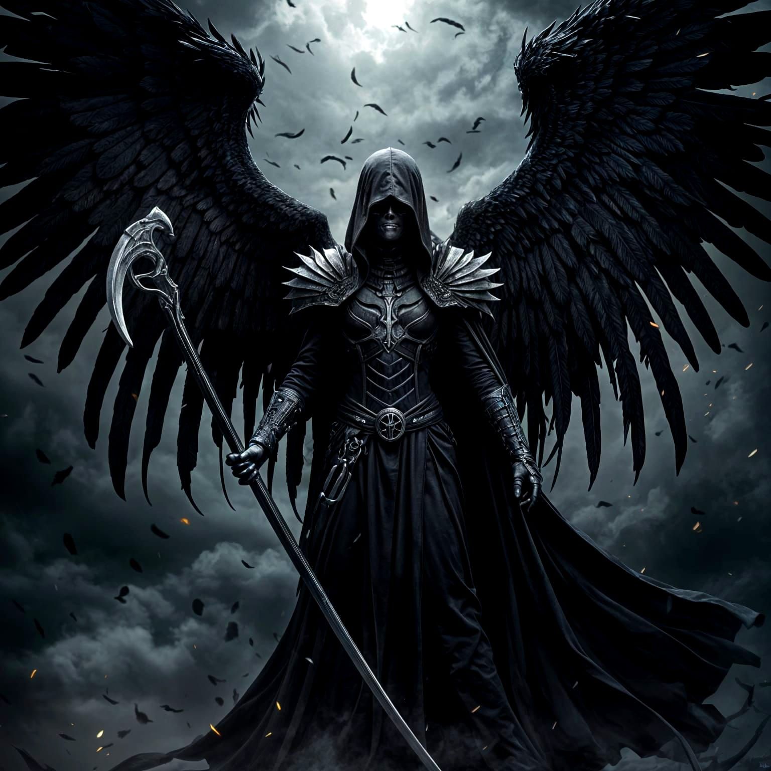 create a death angel with a scythe and wings wearing a black robe   by @Quebra