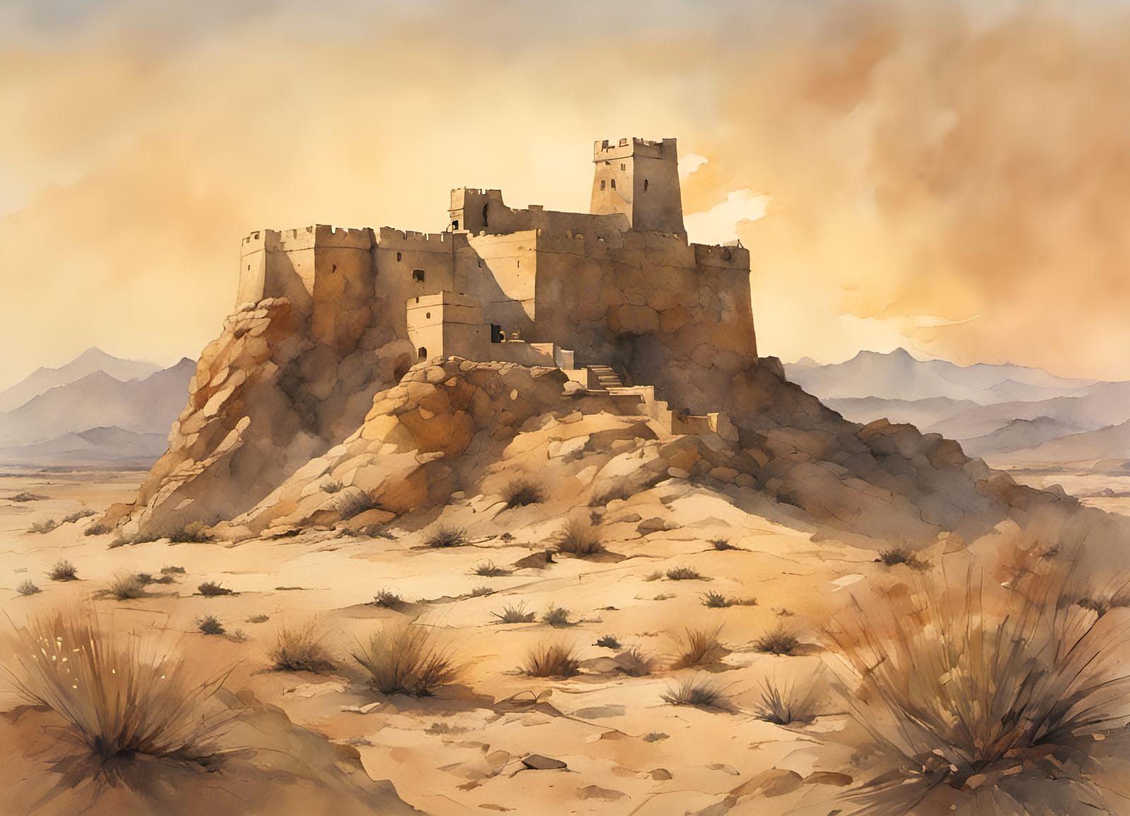 Stone fort in a sandy desert with hot sun. Russel Flint intr...
