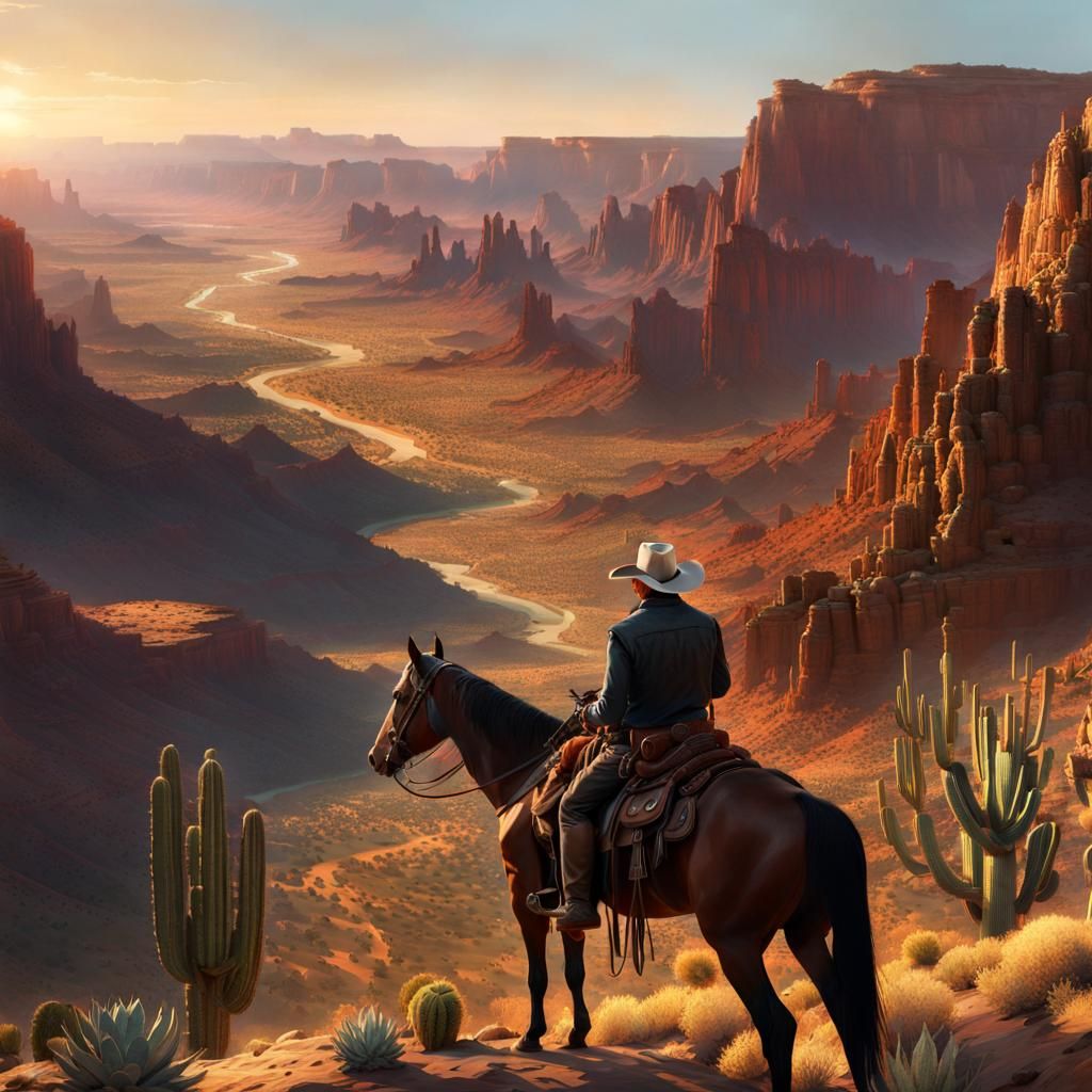 Rancher horsebacking through desert canyon  by @Revenant_
