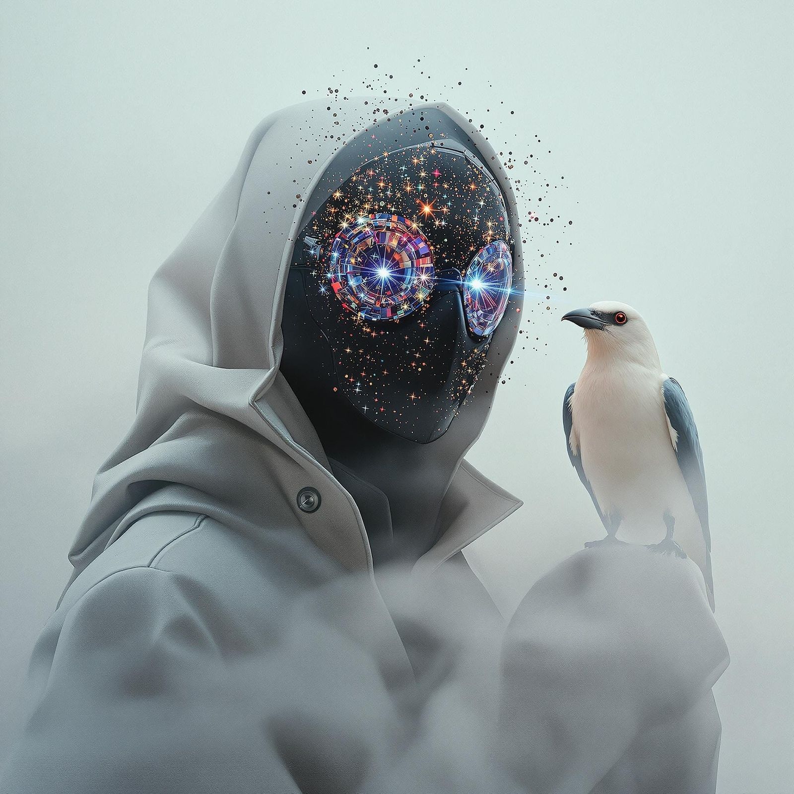 A character portrait in moodcore tonality: explosions of glitterglass distort reflect magnify randomly ...  by @morr5750