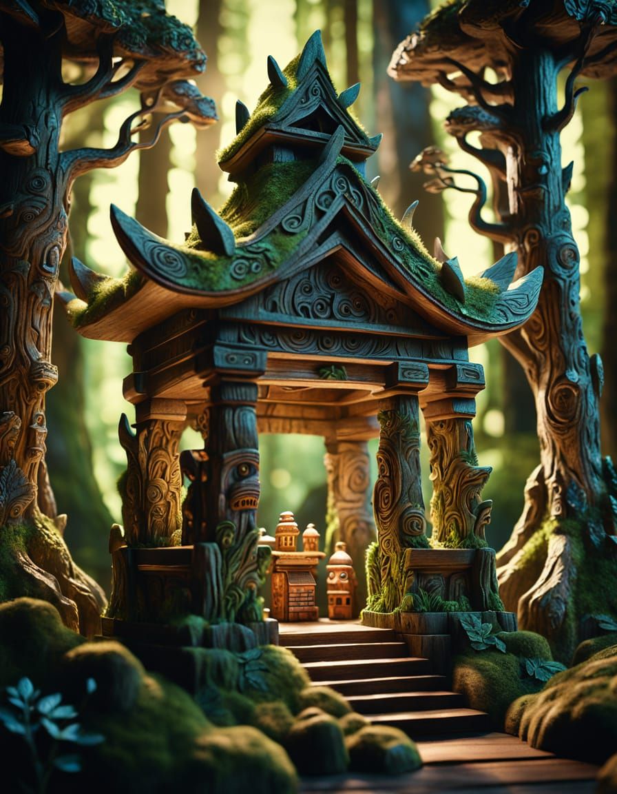 “The Wooden Forest Guardians”
Create a scene with towering wooden creatures carved from tree trunks, their bodies full of intricate natural ...