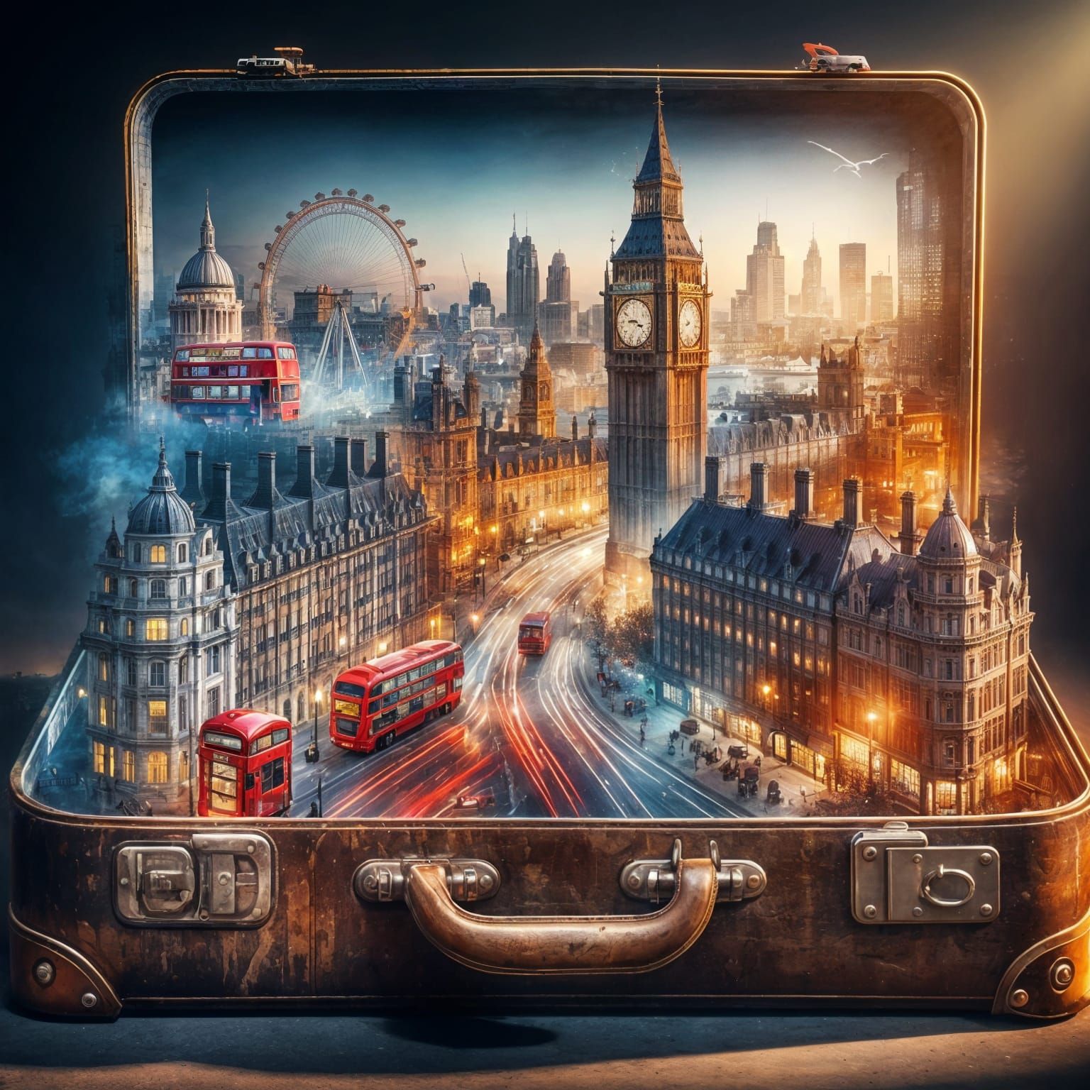 London Cityscape Emerging from Vintage Suitcase
