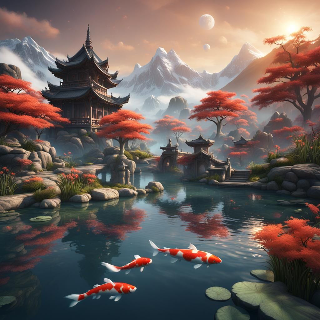 Koi Pond with Foggy Mountains: Fantasy Concept Art