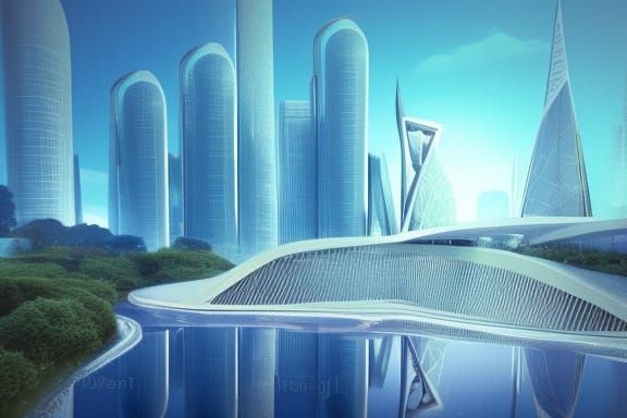 futuristic city blue sky and river