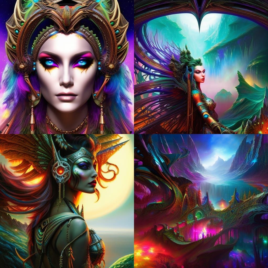 fisheye lens photo of a post apocalyptic tribal elven woman tweaking and playing synthesizers in the most complicated an...