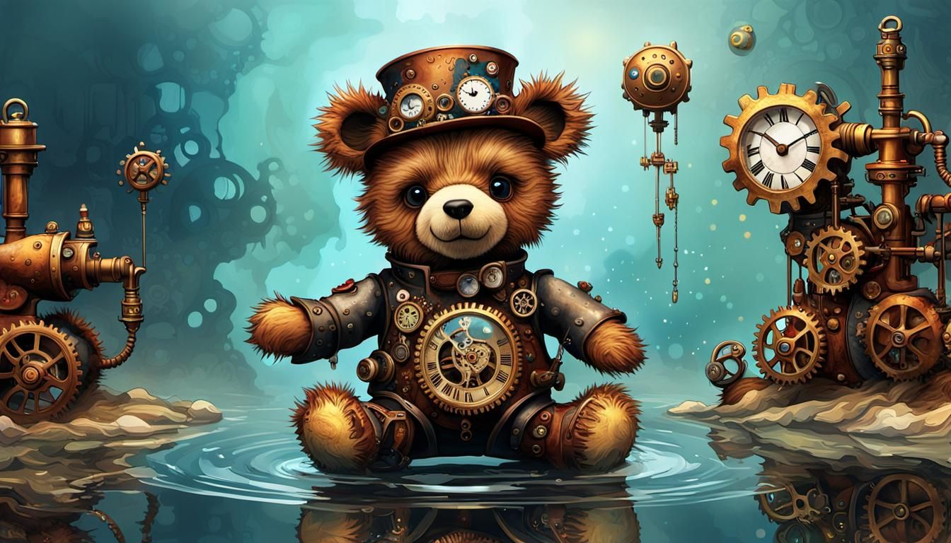 Steampunk Teddy Bear Lost in Reflection