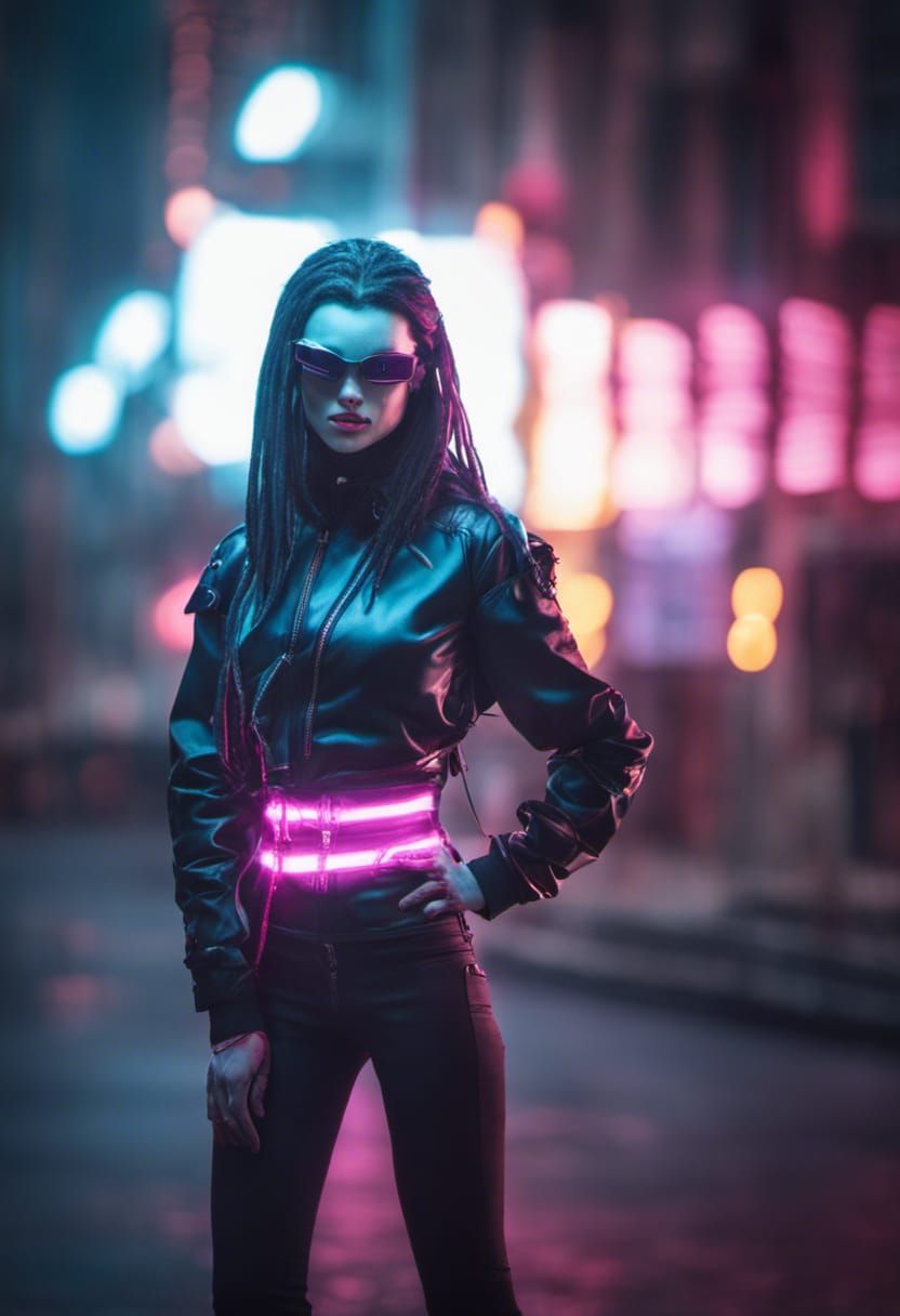 Dancing Cyber goth Woman with dreadlocks, Cyber goggles, neon Lights ...