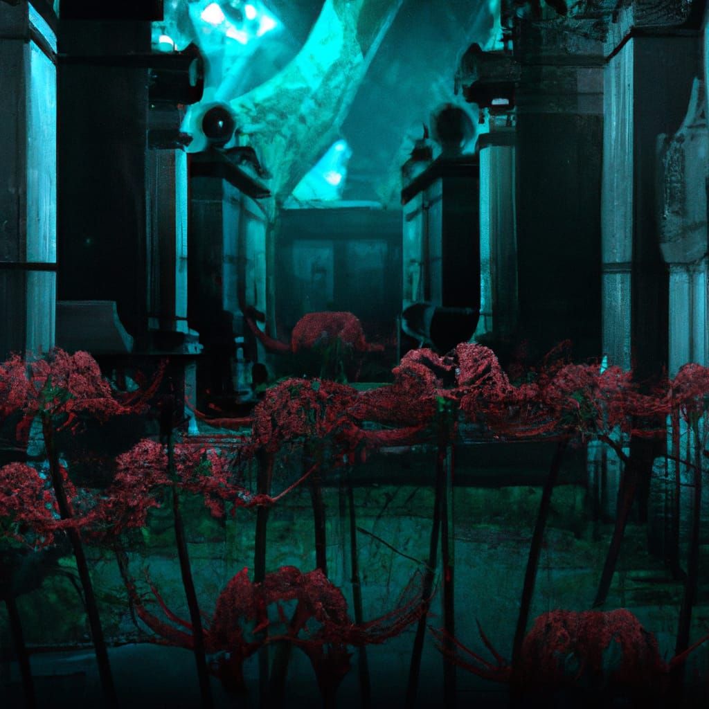 Lycoris radiata in a eerie gothic cemetery, a spooky masterp...