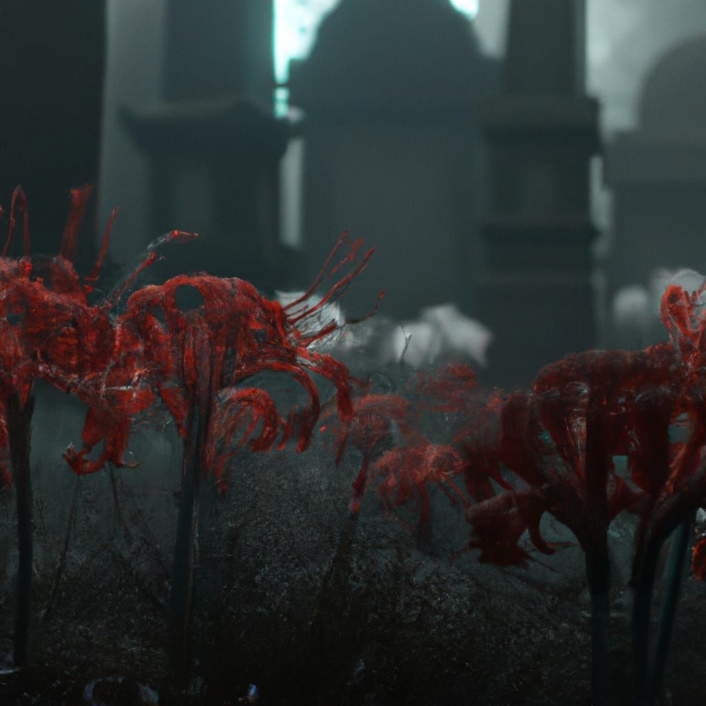 Lycoris radiata in a eerie gothic cemetery, a spooky masterp...