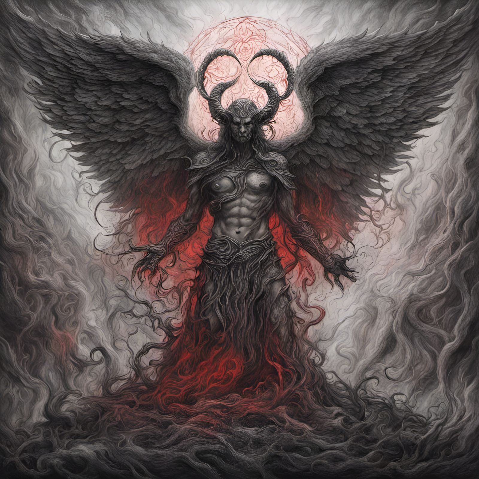 the giant fallen demon angel in hell red mist celtic patterns black ...