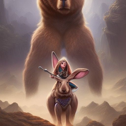 a woman riding a bear with a rabbit on her head