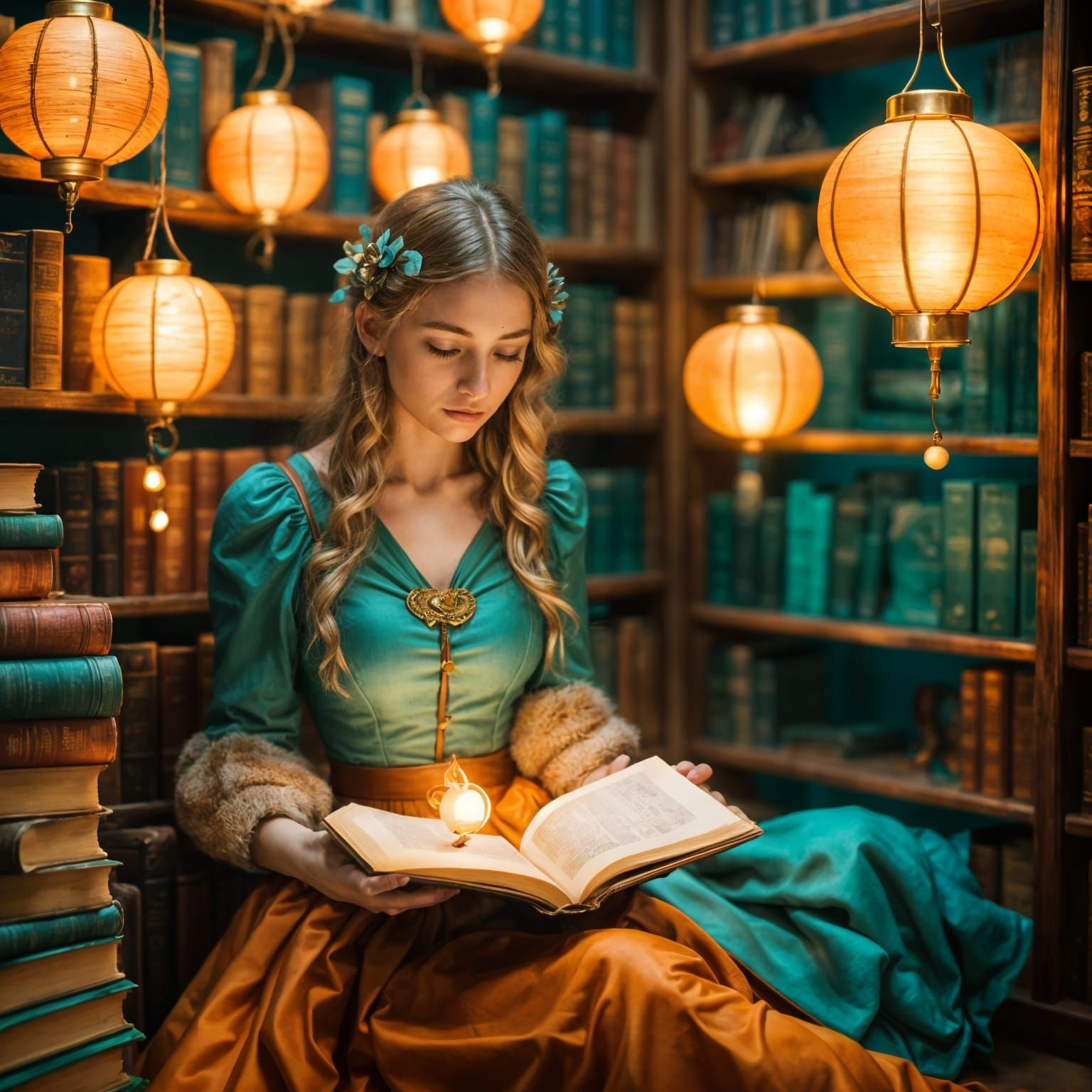 Cozy Library Scene with Girl Reading in Fairycore Style