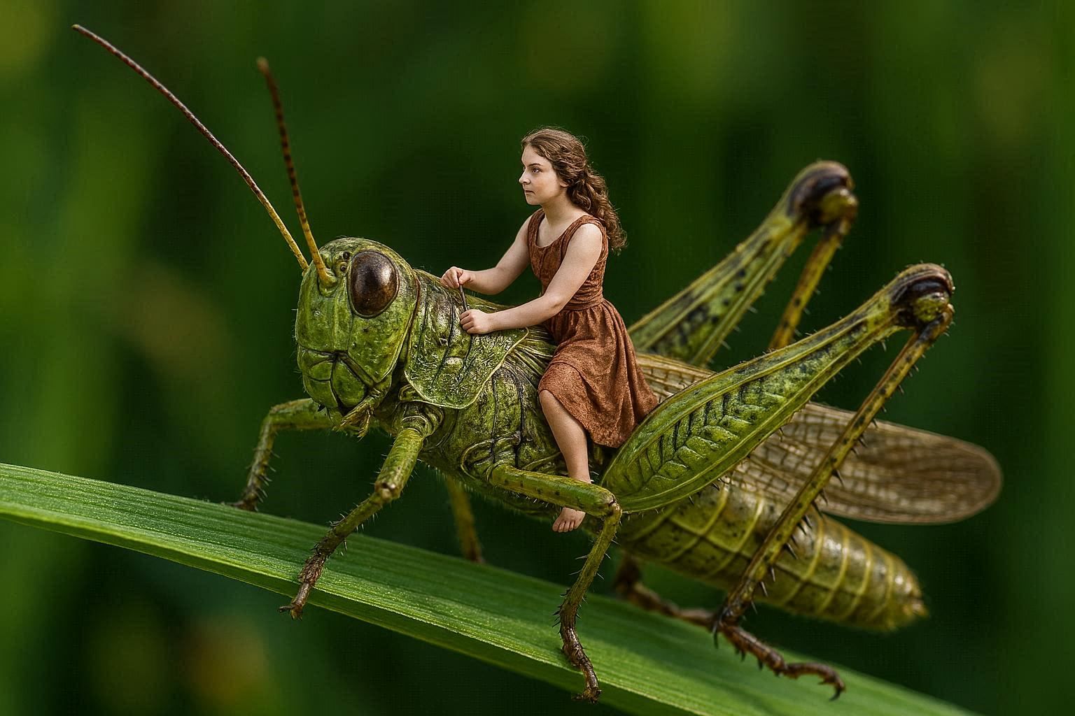 Miniscule girl riding on a grasshopper