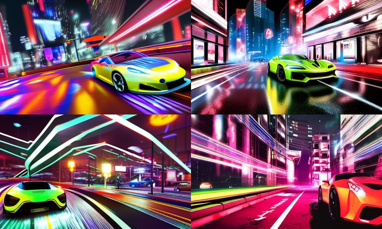 Digital art of a sports car moving through a neon city at ni...