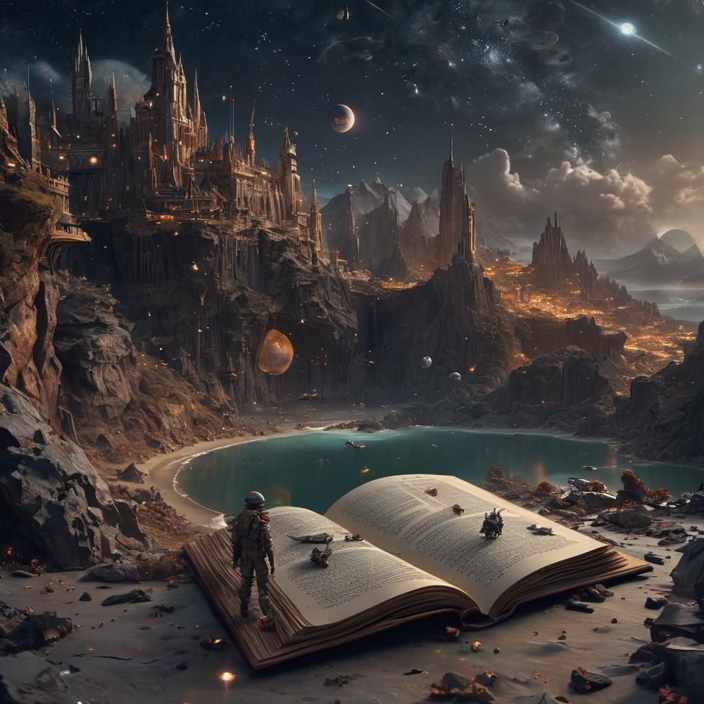 Miniature Sci-Fi World Emerging from Book