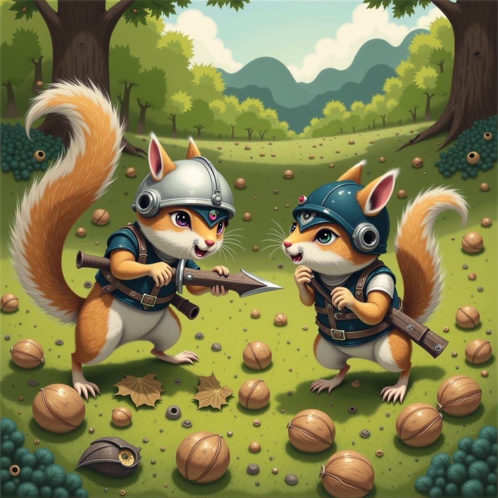 Mischievous Squirrels in a Squirrel war in my backyard over fallen walnuts. <lora:ATDFvZ:1.0>