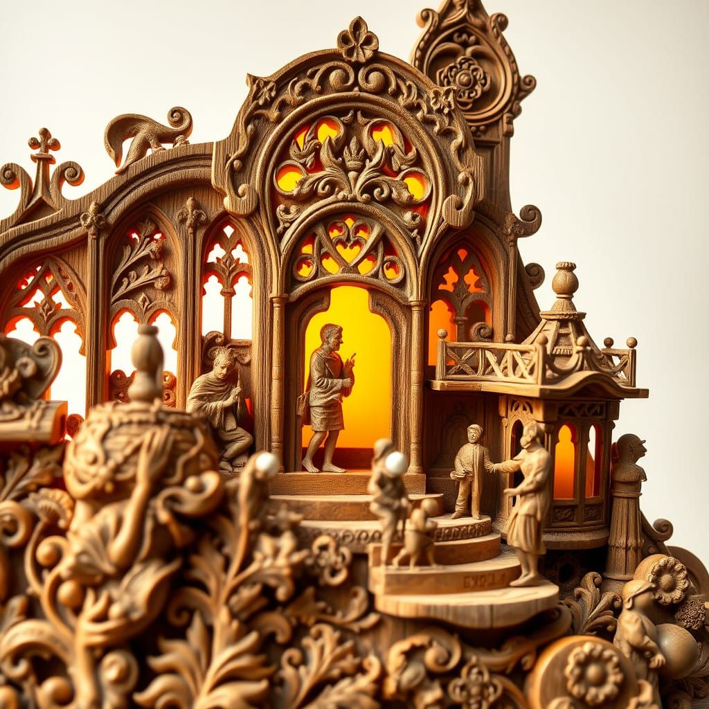 Intricately Carved Wooden Pencil Sculpture in Art Nouveau St...