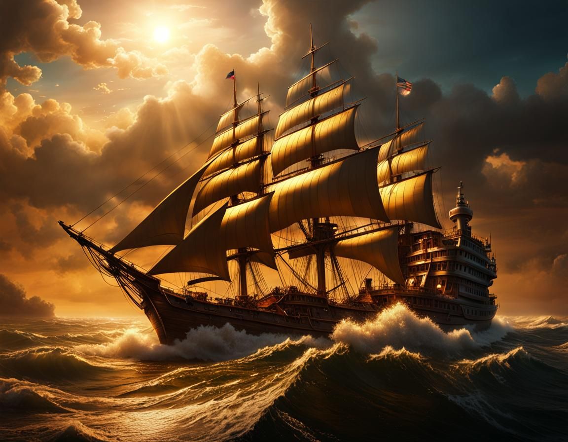 Sailing ship in golden light - AI Generated Artwork - NightCafe Creator