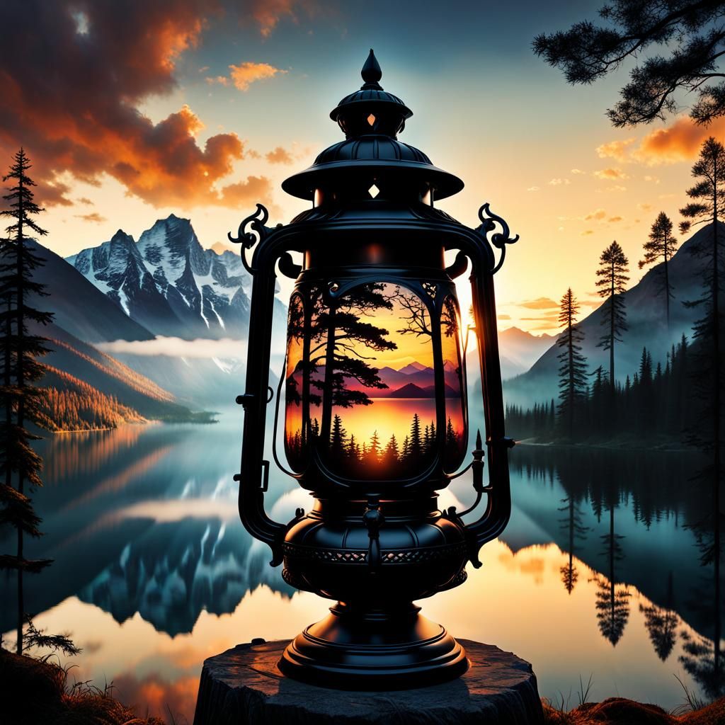 Double exposure of large, antique lantern, breathtaking mountains, lake, and sunset   by @Sarah