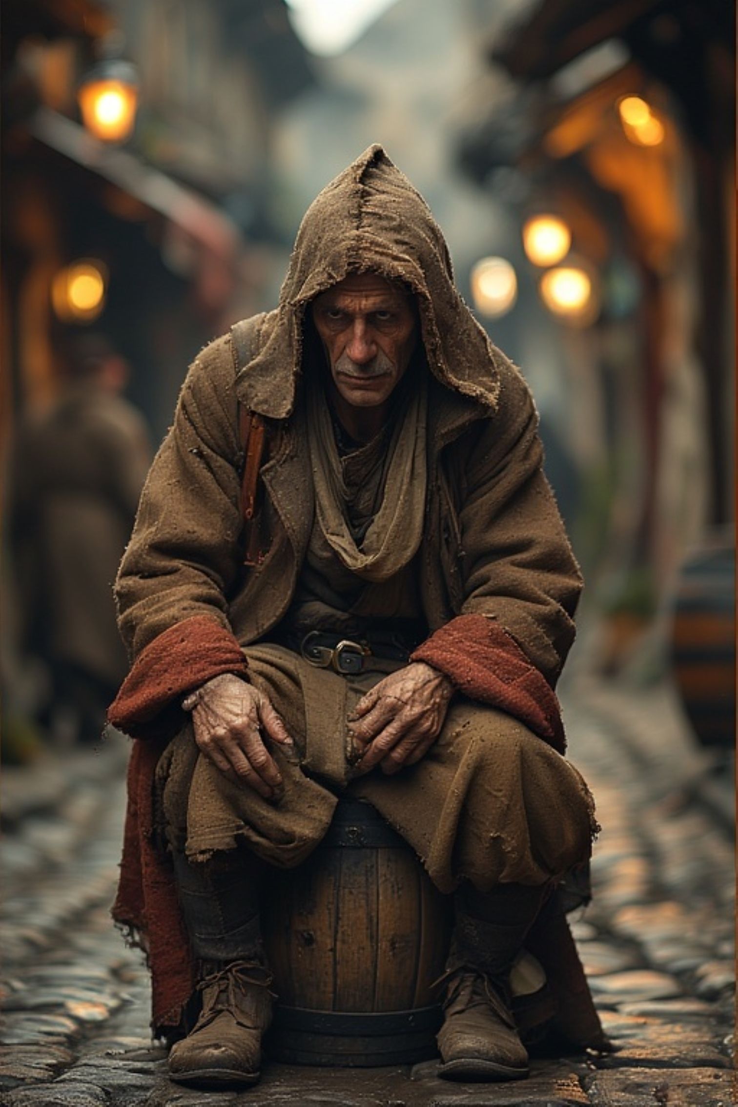 An image capturing a lone beggar sitting on a old wooden bar...
