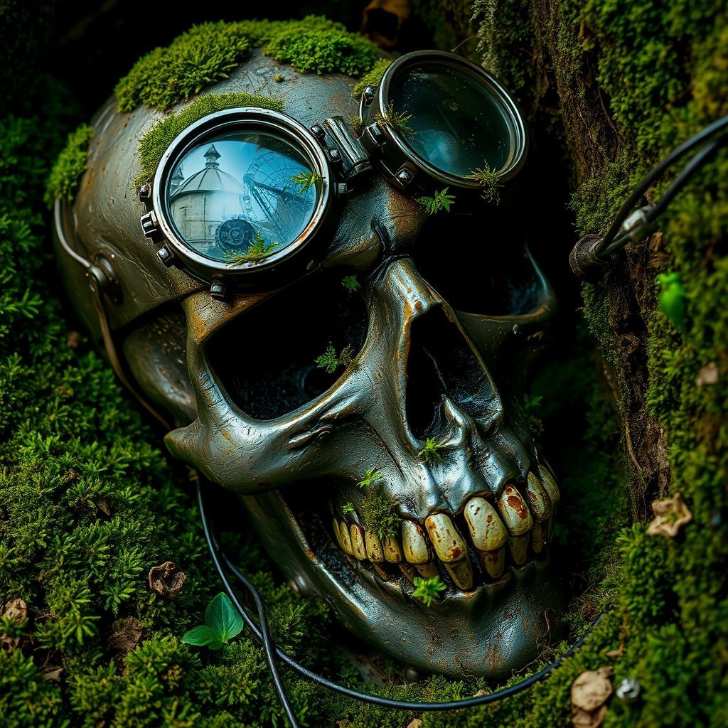 A close-up of a sculpture of a human skull in a forest.