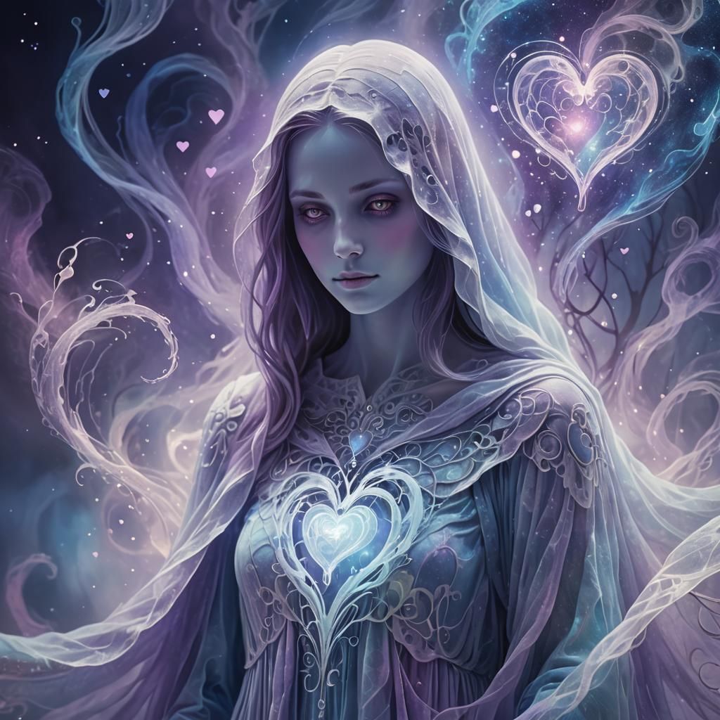 Ghost with Glowing Heart in Mystical Realm