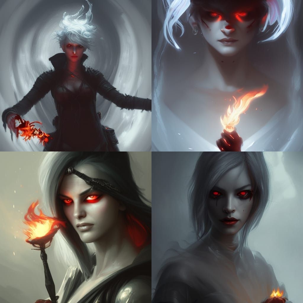 A woman in shadows with silver hair red eyes and with a flam...